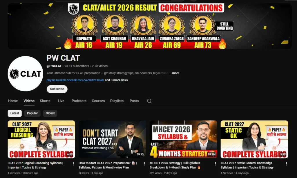 PW CLAT Youtube